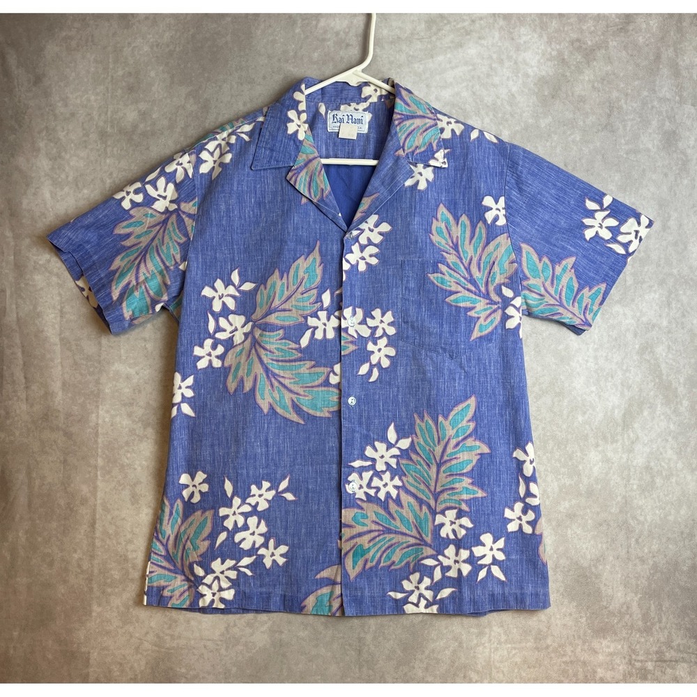 Vintage Rai Nani Hawaiian Shirt Mens Large Blue Floral Aloha Hawaii USA Made
